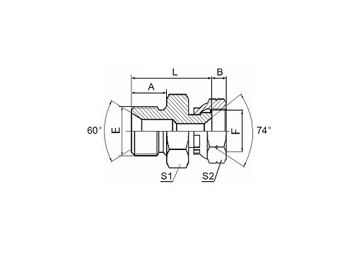 2BJ BSP MALE DOUBLE USE FOR 60° CONE SEAT OR BONDED SEAL / JIC FEMALE 74° SEAT 2BJ BSP MALE DOUBLE USE FOR 60° CONE SEAT OR BONDED SEAL / JIC FEMALE 74° SEAT