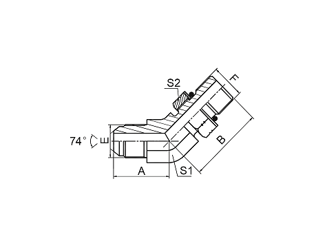 1JO4-OG 45° ELBOW JIC MALE 74° CONE / SAE O-RING BOSS L-SERIES ISO 11926-3 1JO4-OG 45° ELBOW JIC MALE 74° CONE / SAE O-RING BOSS L-SERIES ISO 11926-3